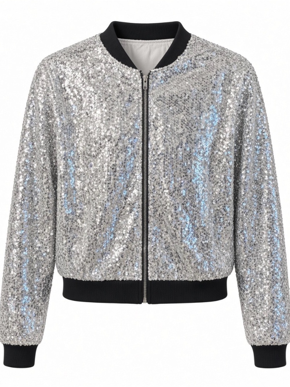 Silver Sequin Bomber Jacket XL Black Rib Collar Cuffs Zip Party Disco